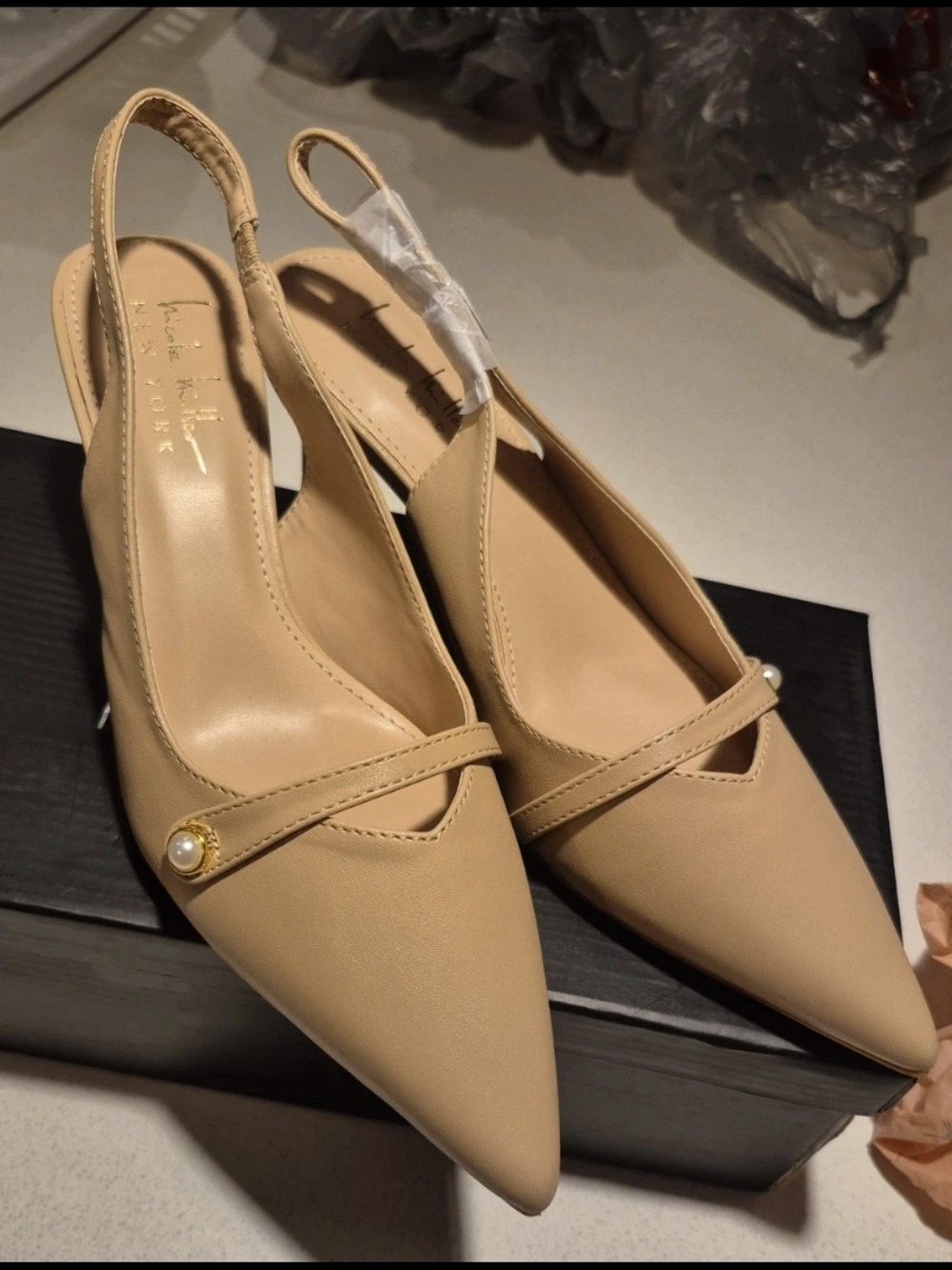 New York & Company Tan Pointed Slingback Flats with Pearl Strap